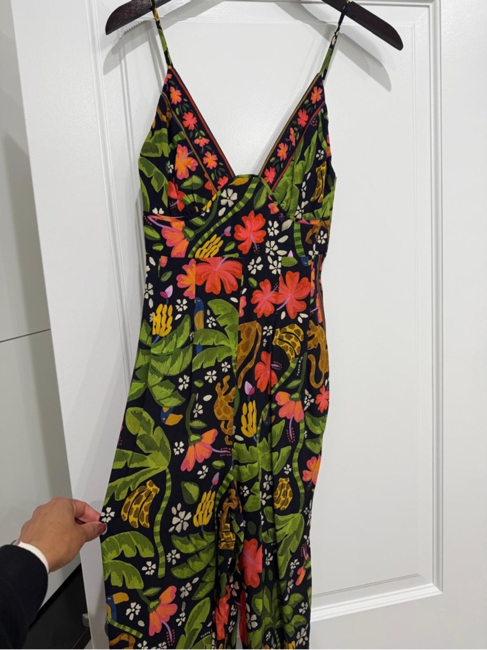 FARM Rio Black Tropical Floral Print Jumpsuit with Green Leaves